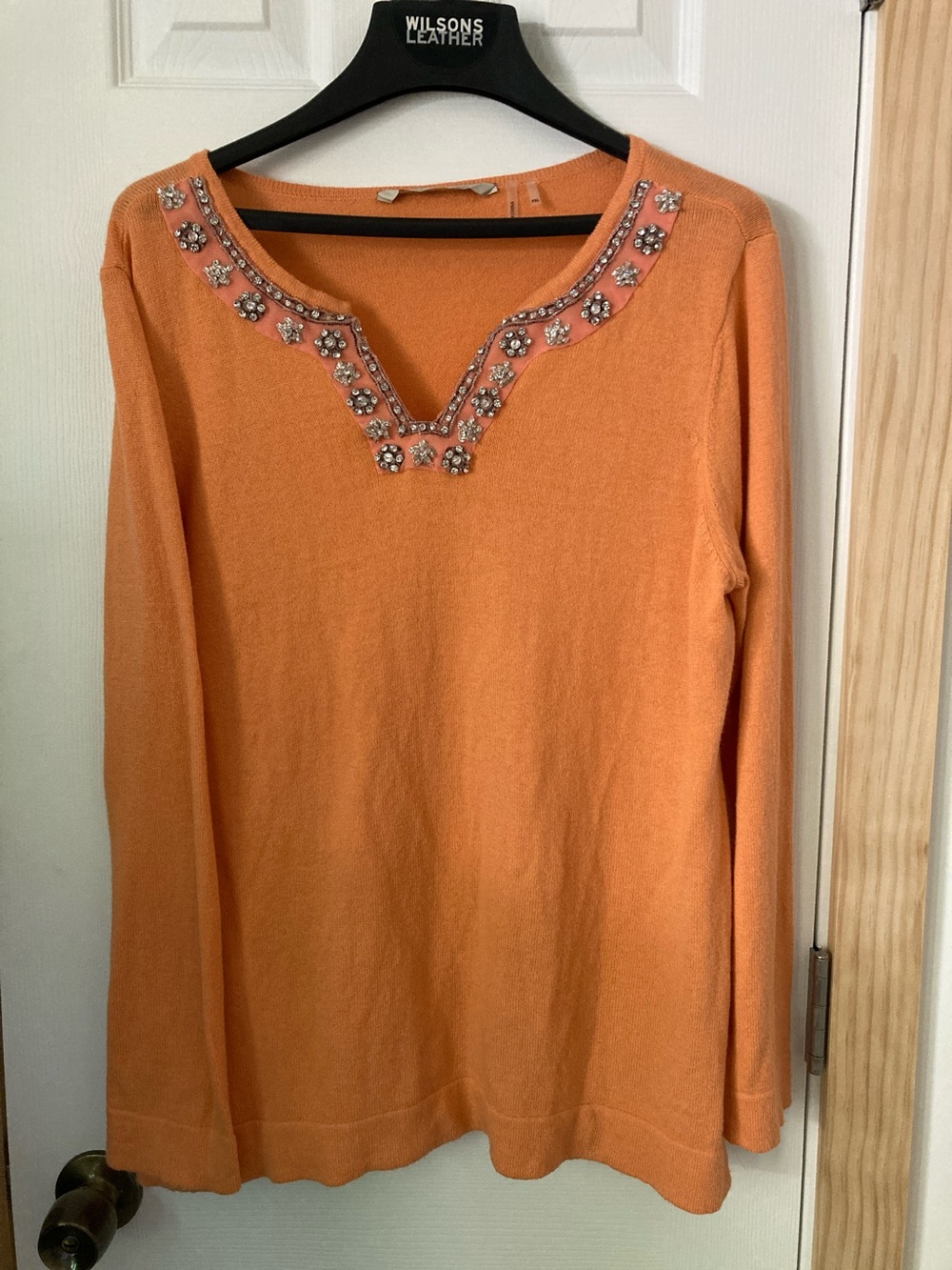 Soft Surroundings Peach Embellished V-Neck Sweater